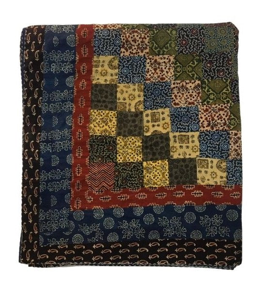 Organic Dyed Handblocked Quilted Squares Rilli -  Reversible