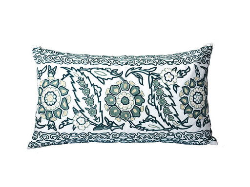 Hand Embroidered Cushion Cover - Aqua Suzani 3 - Flower Lumber Cushion