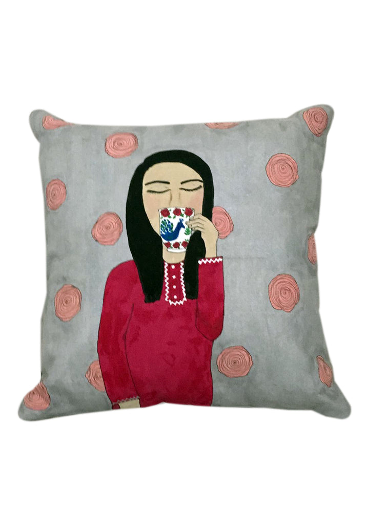 Girl and cup of chai Cushion